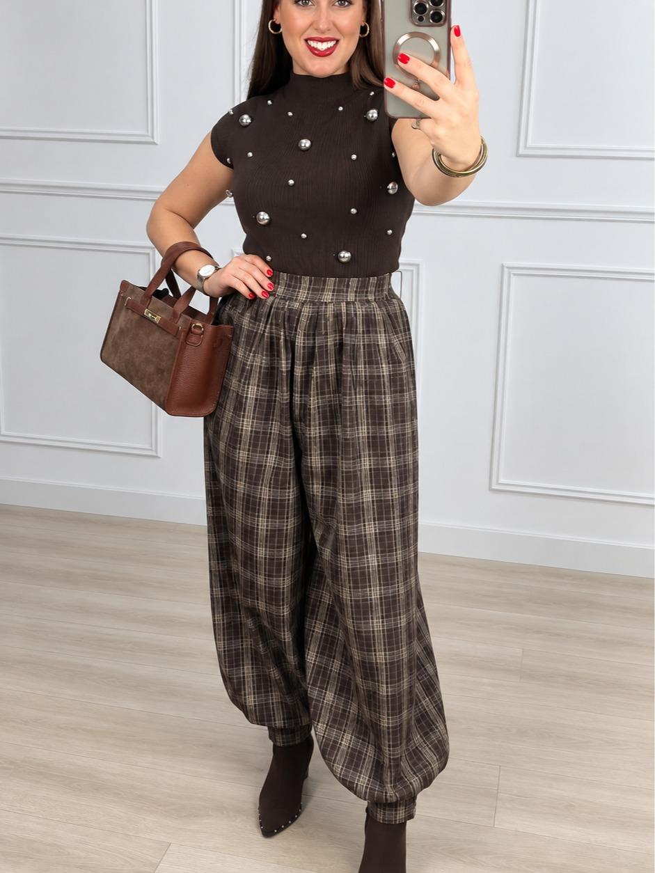 Pantalón bombacho London de cuadro marrón