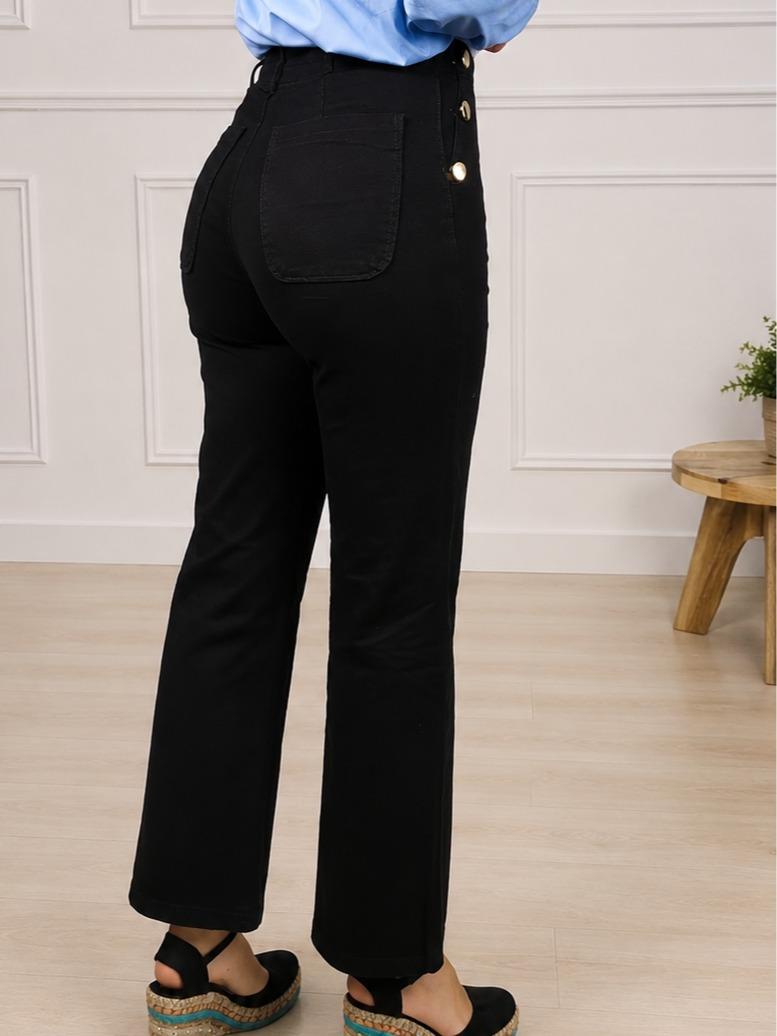 Jeans oscruro de tiro alto con botones dorados