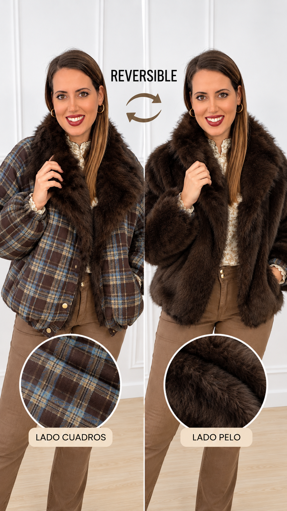 Cazadora Reversible de cuadros y pelo sintético