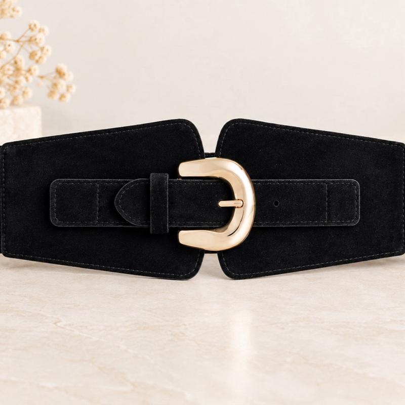 Cinturon de Ante Negro con Hebilla Dorada para Estilo Elegante y Versátil