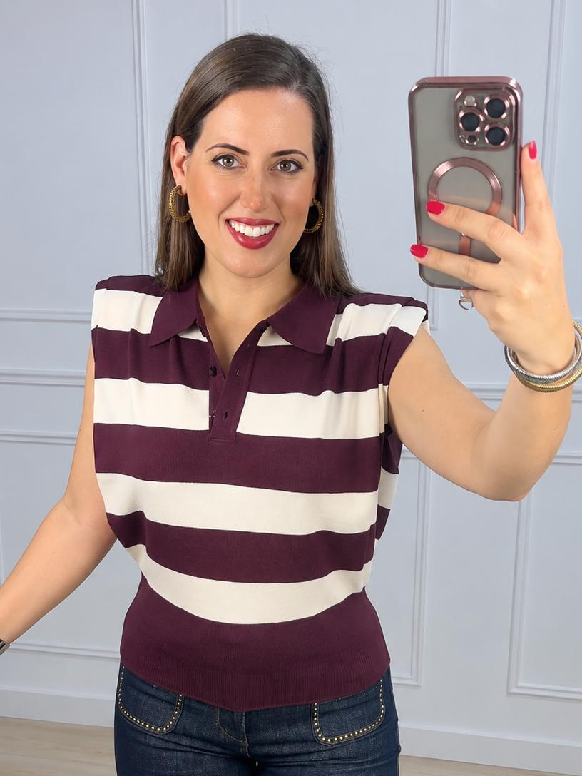 Jersey estilo polo de punto elastico sin mangas con hombreras